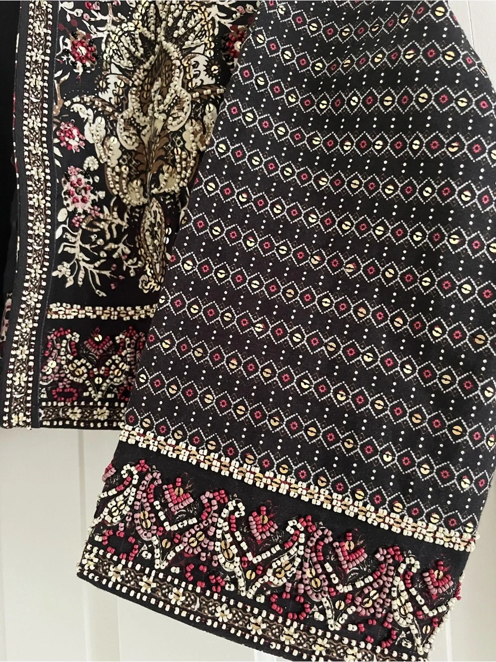 Soft Surroundings Black Cropped Embroidered Blazer with Burgundy & Cream Accent